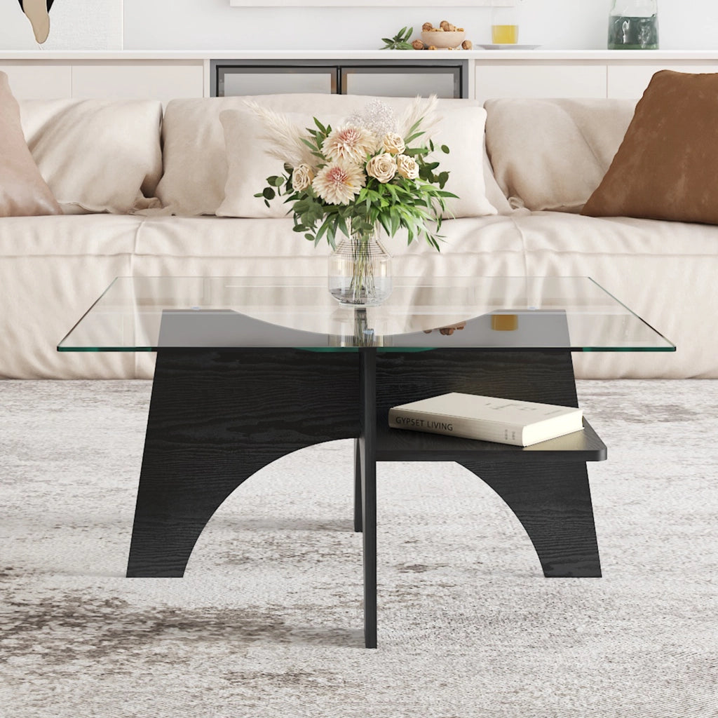 Tavolino/tavolino da caff¨¨ moderno di forma quadrata, realizzato in vetro temperato ¨C lati da 80 cm. Gambe in MDF con effetto legno nero. Ideale per s