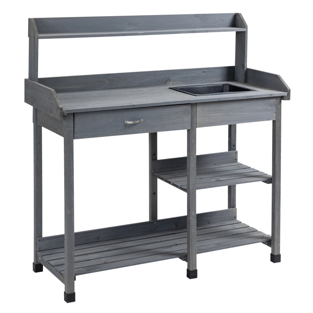 Tavolo da giardino per piante ¨C Xylo ¨C legno di pino grigio con cassetto, 3 ripiani, lavello