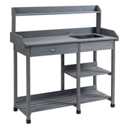 Tavolo da giardino per piante ¨C Xylo ¨C legno di pino grigio con cassetto, 3 ripiani, lavello