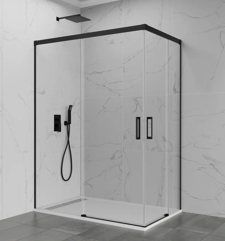Box doccia angolare BASIC apertura al vertice 130x80 cm (125-129/75-80) nero opaco vetro trasparente