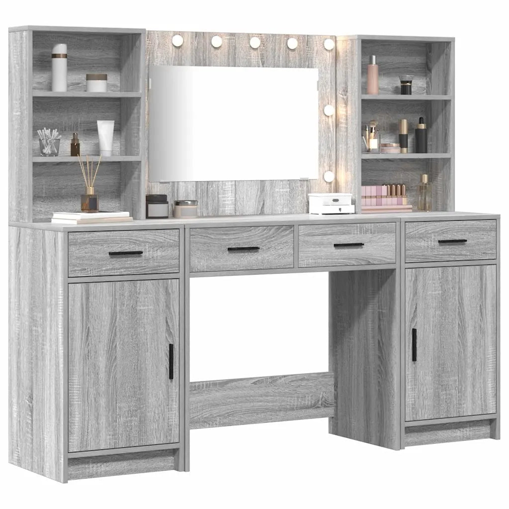 Set da Toeletta | Tavolo da Trucco con LED con porta 3 pz Grigio Sonoma