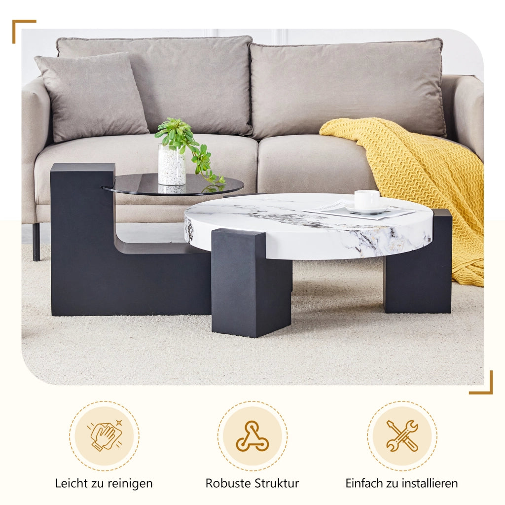 Tavolino rotondo moderno e semplice a due livelli: piano in vetro grigio trasparente e base in MDF nero a forma di L. Piano con effetto marmo bianco.