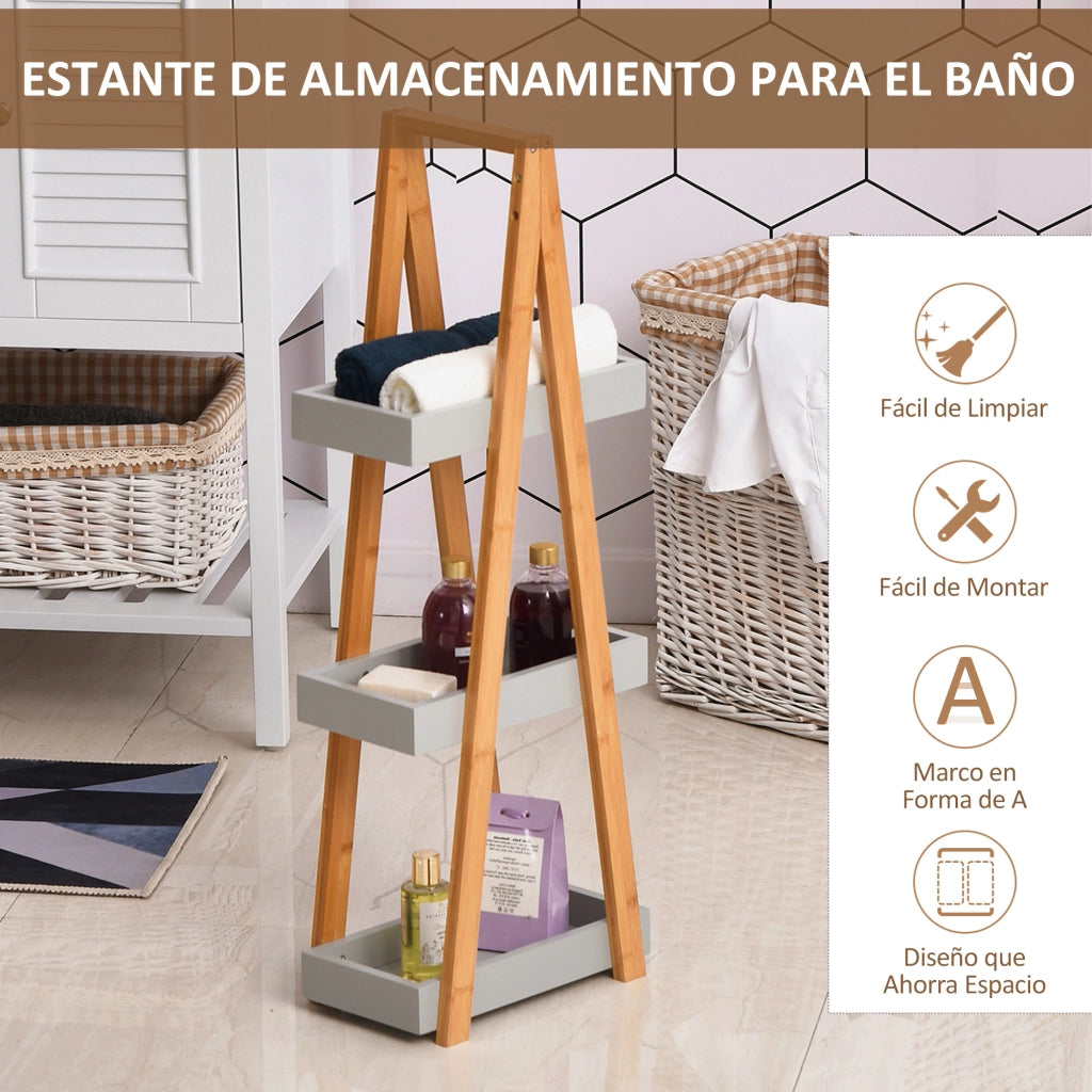 Scaffale Bagno Bamb¨´ 3 Ripiani Forma A ¨C Xylo ¨C Legno Naturale Grigio 30x18x81 cm