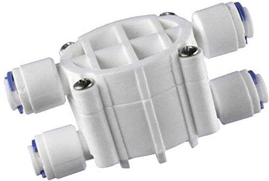 Valvola di intercettazione 4 vie - Connettiore 1/4 pollice - Valvola di chiusura automatica - Osmosi inversa - Sistema di filtrazione dell'acqua - Dimensioni 7,5 x 4,1 x 3,7 cm - Chiave di chiusura