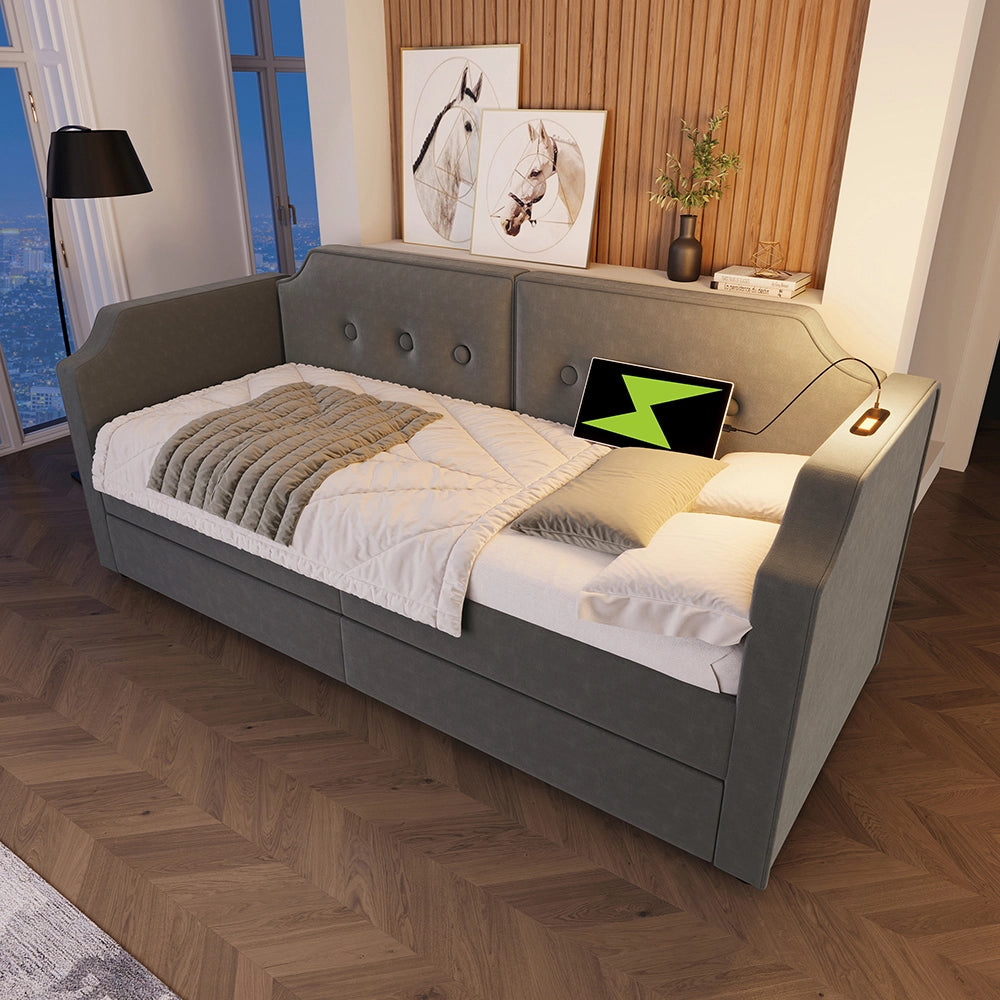Letto a sedia con luce USB-C - Xylo - 90x200 cm - Grigio - 2 cassetti