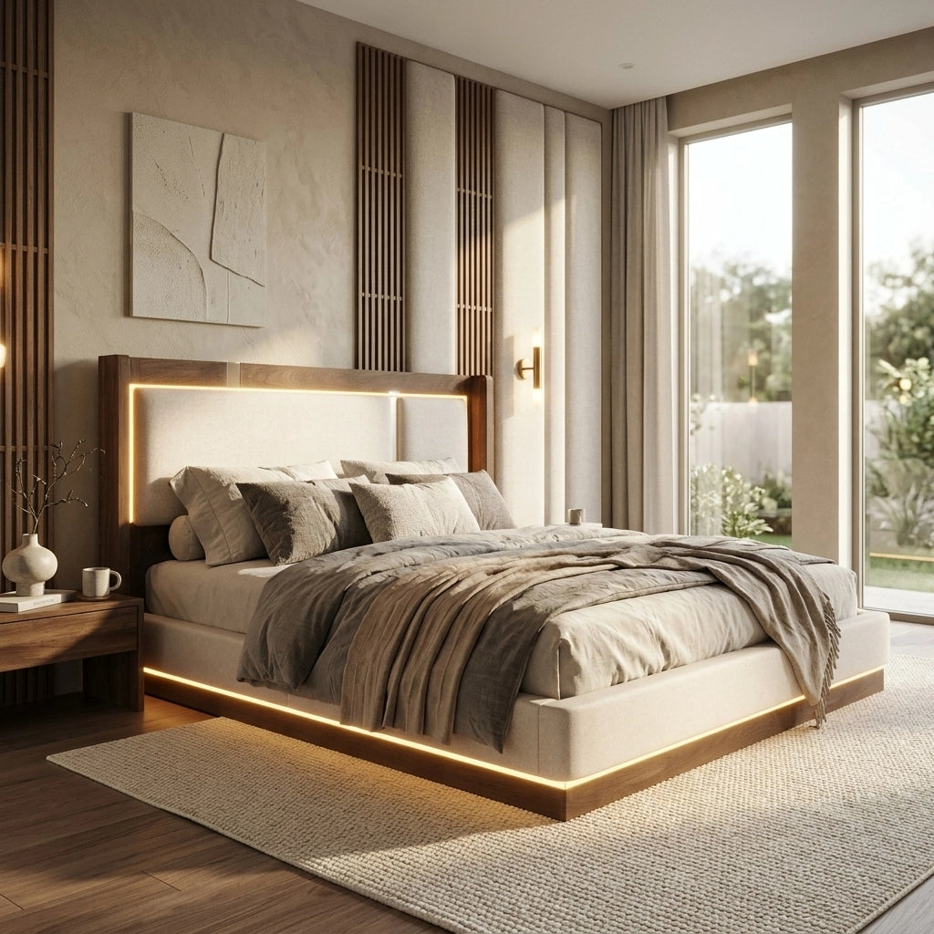 DESMIU Letto Contenitore 140 × 200 cm 2 Posti con LED, Contenitore Idraulico e senza Materasso, in Lino, Beige