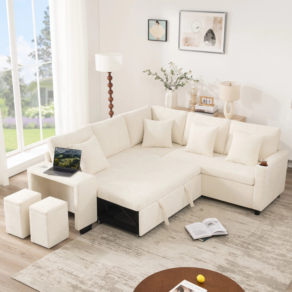 Divano angolare convertibile con chaise longue reversibile, funzione letto e USB, in chenille beige, 220 × 205 × 86.5 cm