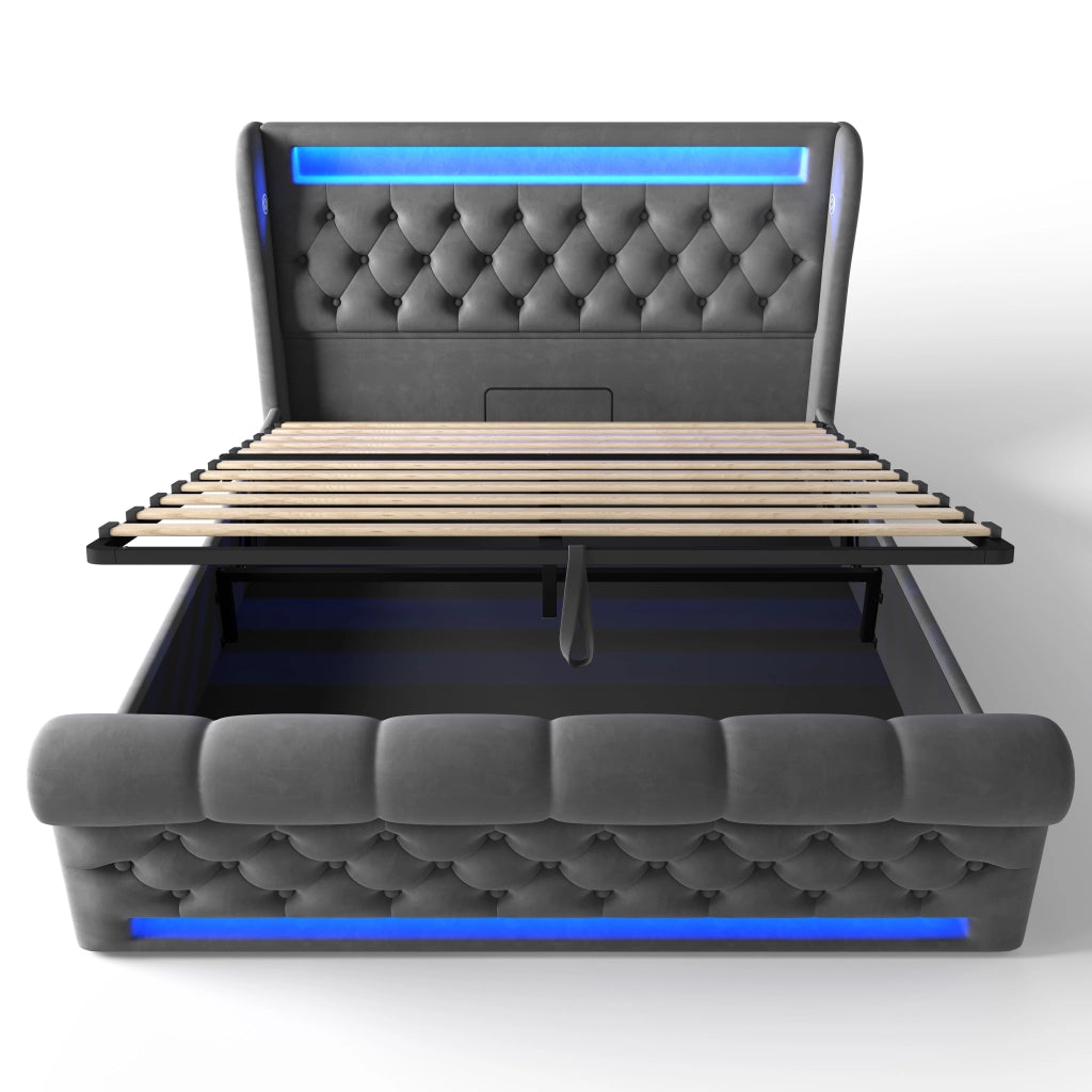 Letto imbottito con LED e porta USB Type-C, contenitore idraulico, 140x190 cm, grigio