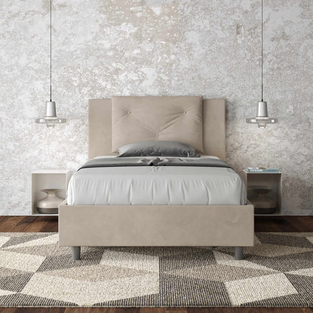 BS COM Letto singolo con rete imbottito 100x210 microfibra sabbia