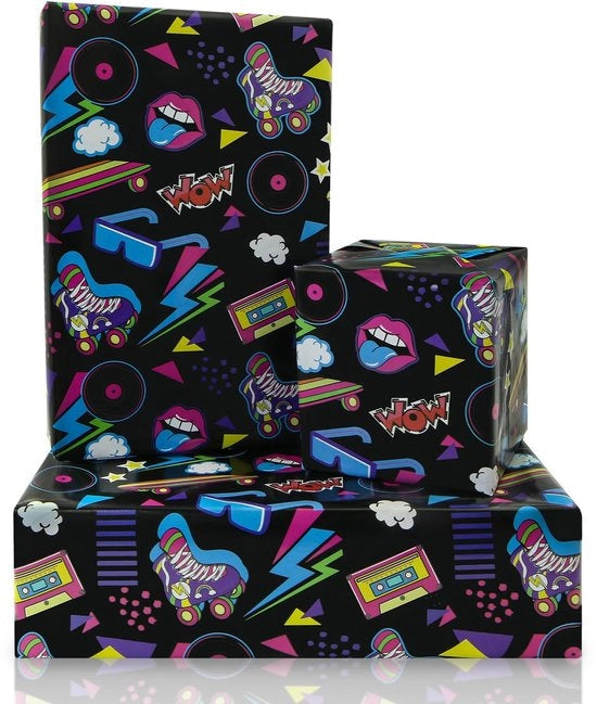 Papier per confezionamento retro anni 80/90 - 4 fogli 50 x 70 cm - Papier per confezionamento neon graffiti - Ideale per festività