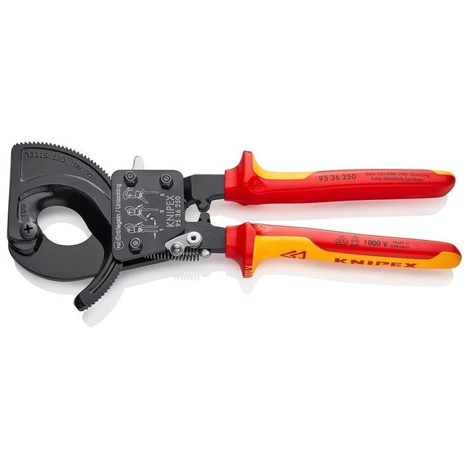 KNIPEX 95 36 250 Cesoia a Cremagliera per Cavi in Rame e Alluminio fino a 240 mm² e Ø 32 mm con Manici Bicomponente Isolati VDE colore Nero