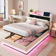 LETTO Imbottito 90x200 cm Beige con LED, USB e contenitore idraulico