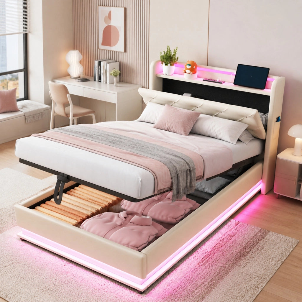 LETTO Imbottito 90x200 cm Beige con LED, USB e contenitore idraulico