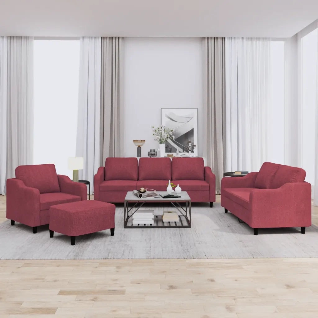 Set di Divani 4 pz con Cuscini Rosso Vino in Tessuto