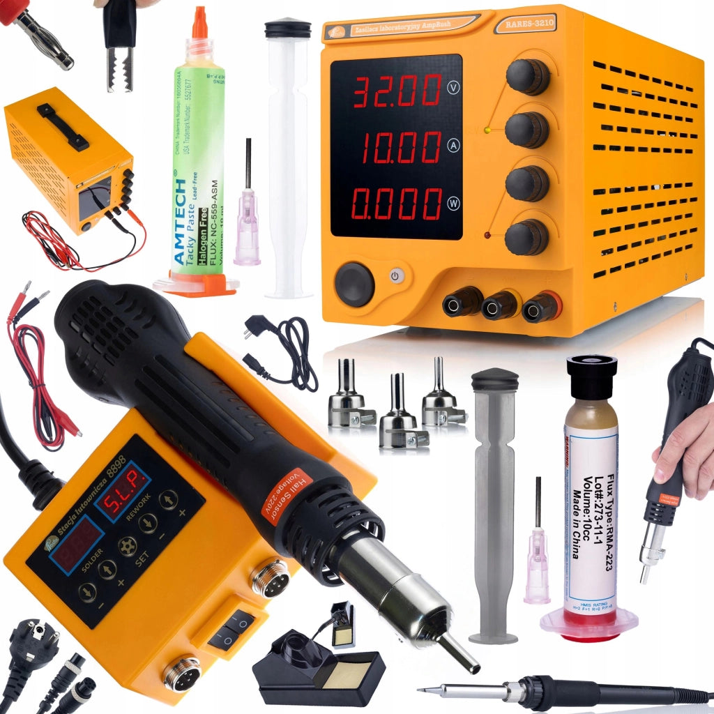 Zasilatore da Laboratorio AmpRush RARES-3210 32V 10A + Stazione Saldante 2in1 Orange Husky OH660 + Flux RMA-223 e NC-559