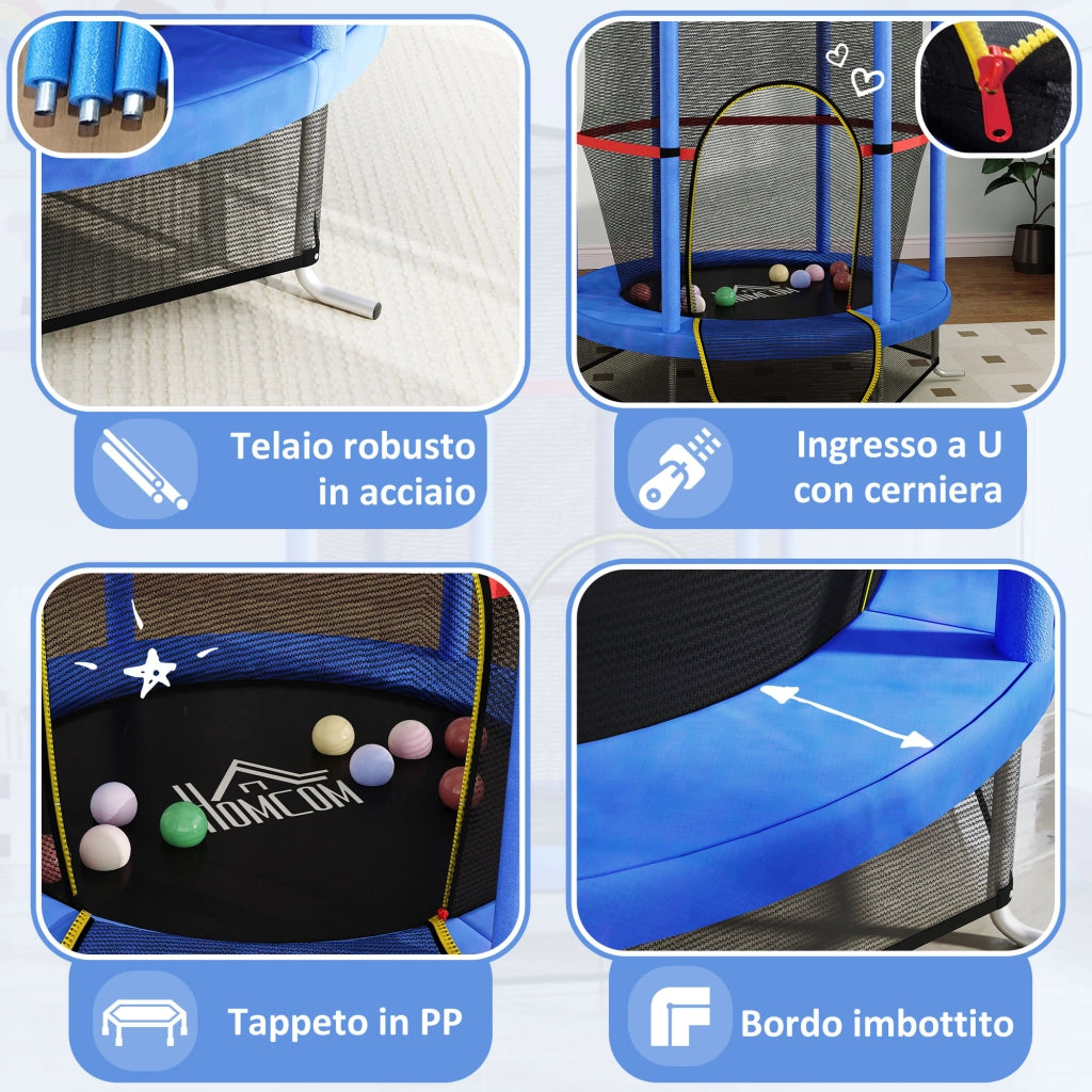 Tappeto Elastico per Bambini 3-6 Anni con Rete di Protezione, 6 Colonne e 3 Ingressi, ?140x190 cm, Blu e Nero