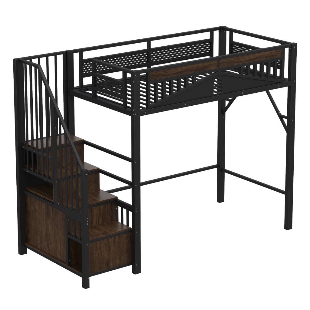 Letto a soppalco in metallo con scala contenitore; protezione a finestra e spazio sotto il letto; nero; 90x200 cm; senza materasso