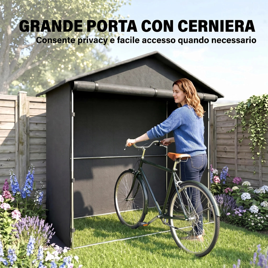Capanno da Giardino 1.1x2 m con Porta Avvolgibile, Tenda Garage per Bici e Moto, Grigio Scuro