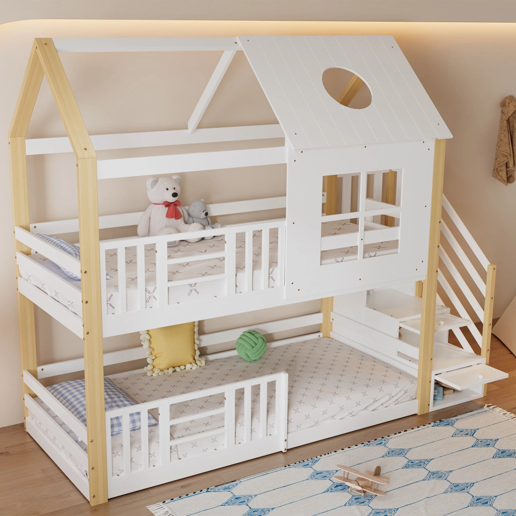 LETTO A CASTELLO 90x200 cm con scala contenitore, bianco e naturale