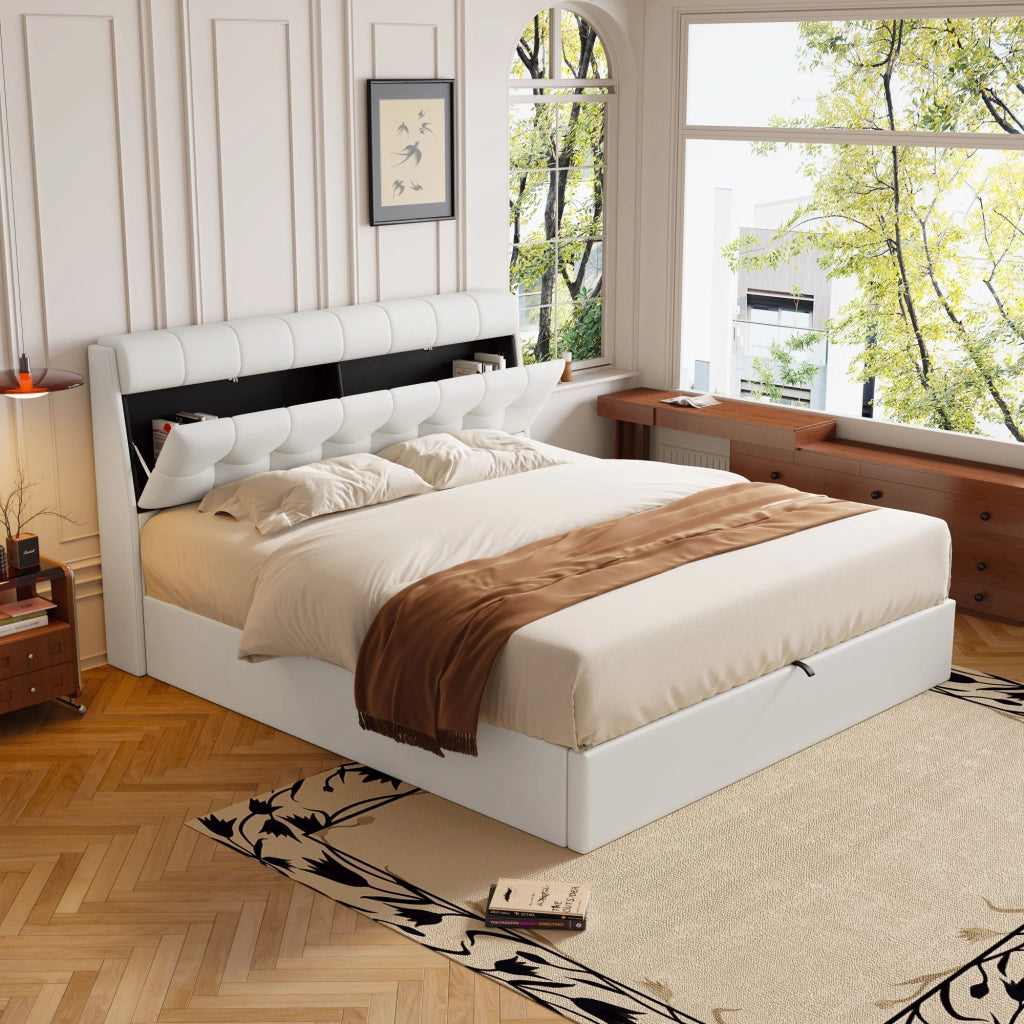 Letto imbottito con contenitore idraulico e testiera con vano nascosto; rivestimento in PU bianco; 160x200 cm; senza materasso
