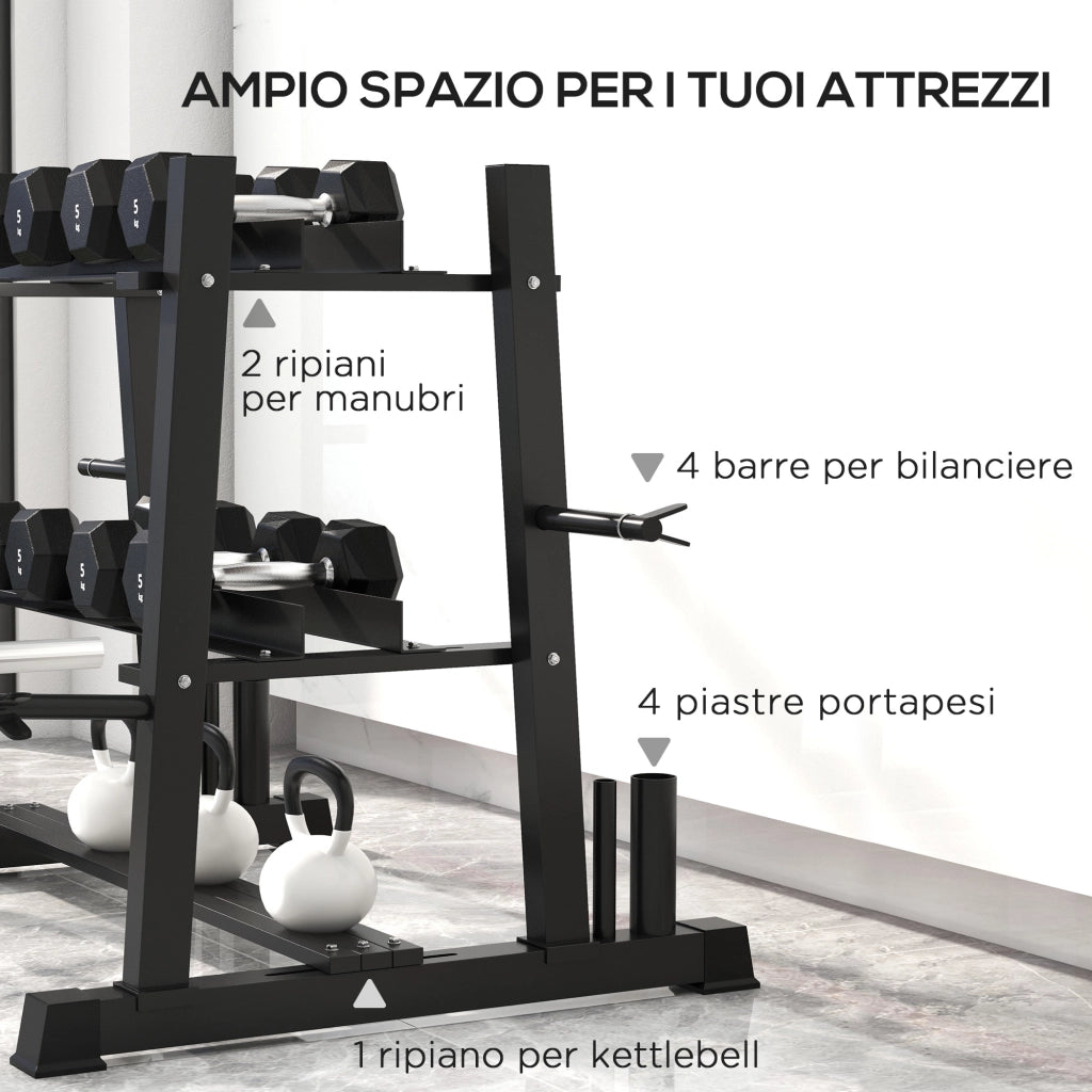 Rastrelliera per Manubri in Acciaio ¨C Xylo ¨C 4 Aste Regolabili, 131x75x80 cm, Nero