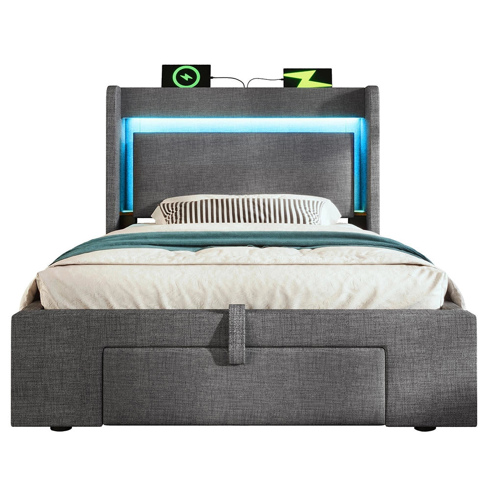 Letto imbottito 90x200cm - Xylo - Grigio lino, spazio idraulico, testiera con LED/USB, materasso incluso