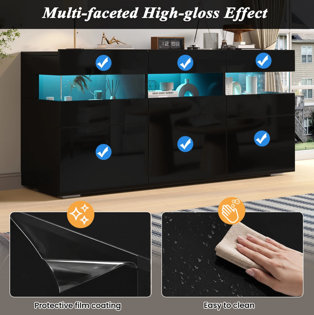 Madia da soggiorno 140 x 40;5 x 66;5 cm con 3 ante; LED controllato da app; nero lucido
