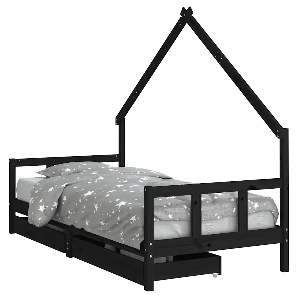 Giroletto Bambini con Cassetti-Struttura Letto Bambini Nero 90x200cm Massello di Pino 203580
