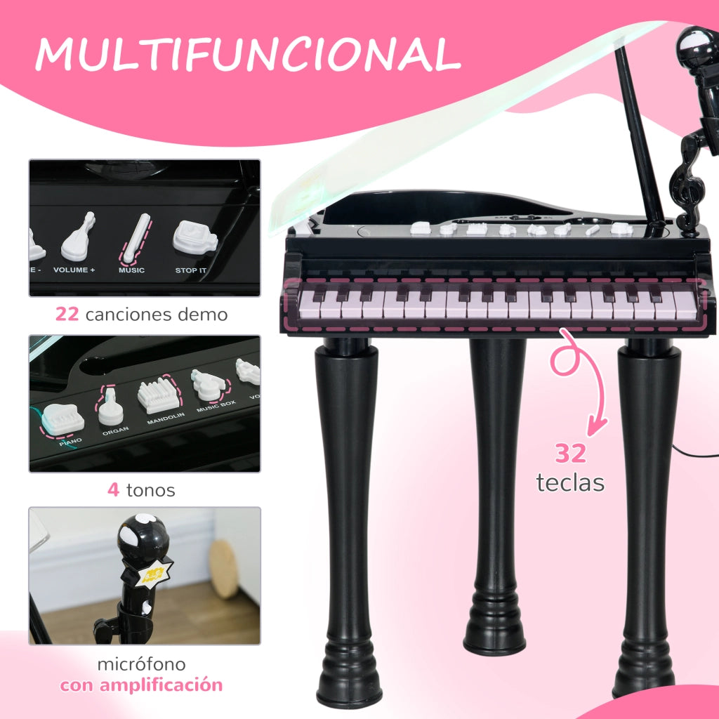 Pianoforte Bambini 32 Tasti con Microfono Sgabello Luci 22 Canzoni ¨C Xylo ¨C Nero 37x30,5x60,4 cm
