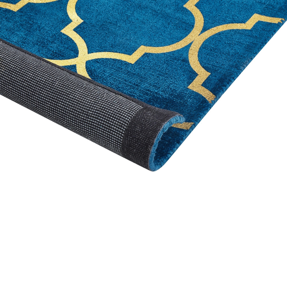 Tappeto Blu con dorato Motivo Quadrifoglio Viscosa con Cotone 160 x 230 cm Stile Modern Glam