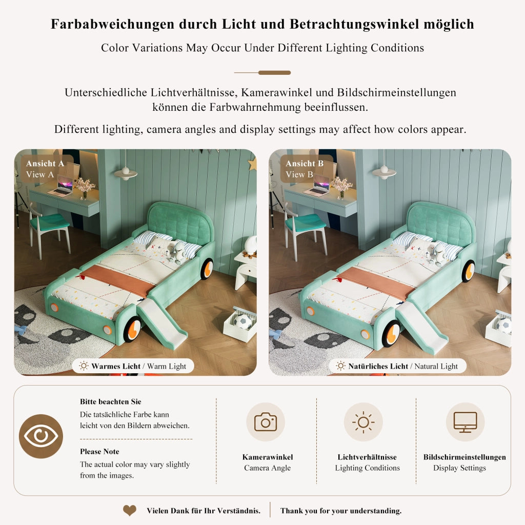 LETTO Auto con scivolo e scala 90x200 cm Velluto Blu-verde