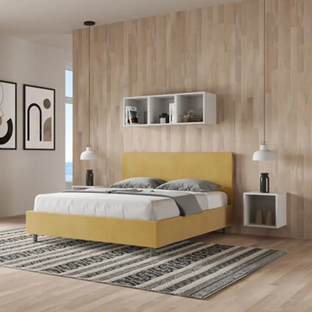 Letto matrimoniale senza rete imbottito 160x210 microfibra ocra Adele