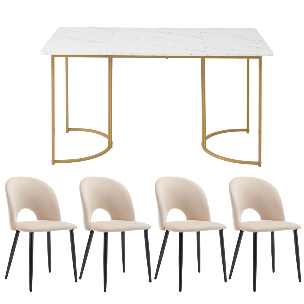 Set Tavolo da Pranzo Allungabile con 4 Sedie in Velluto ¨C MINIMAL ¨C Beige, Piano MDF Bianco, 140x80 cm