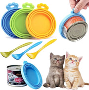 Detersivo per pentole, coperchio in silicone, coperchio per cibo per animali, coperchio universale in silicone per cibo per gatti, cibo per cani, barattoli, con cucchiaio 3 + 3