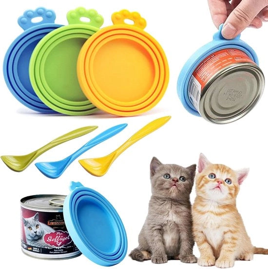 Detersivo per pentole, coperchio in silicone, coperchio per cibo per animali, coperchio universale in silicone per cibo per gatti, cibo per cani, barattoli, con cucchiaio 3 + 3