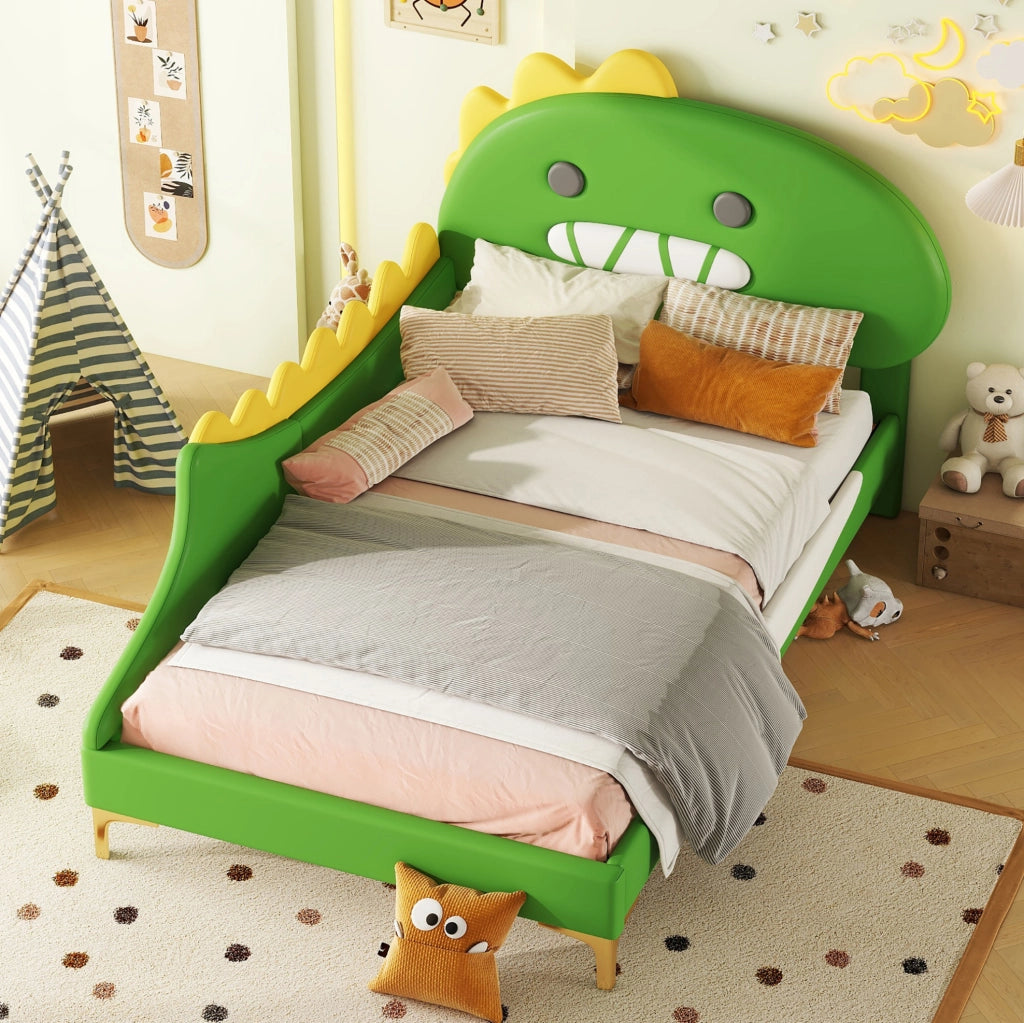 Letto per bambini 90x200 cm; design dinosauro; PU e MDF; verde