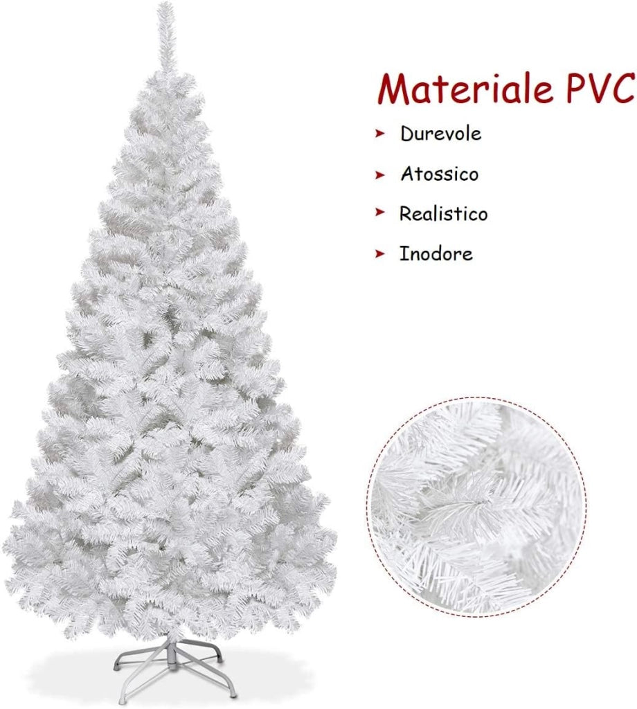 Albero di Natale 180 cm, Albero di Natale Bianco con 650 Rami in PVC e Supporto in Metallo, Albero di Natale Artificiale per Casa, Ufficio e Negozio (180 cm)