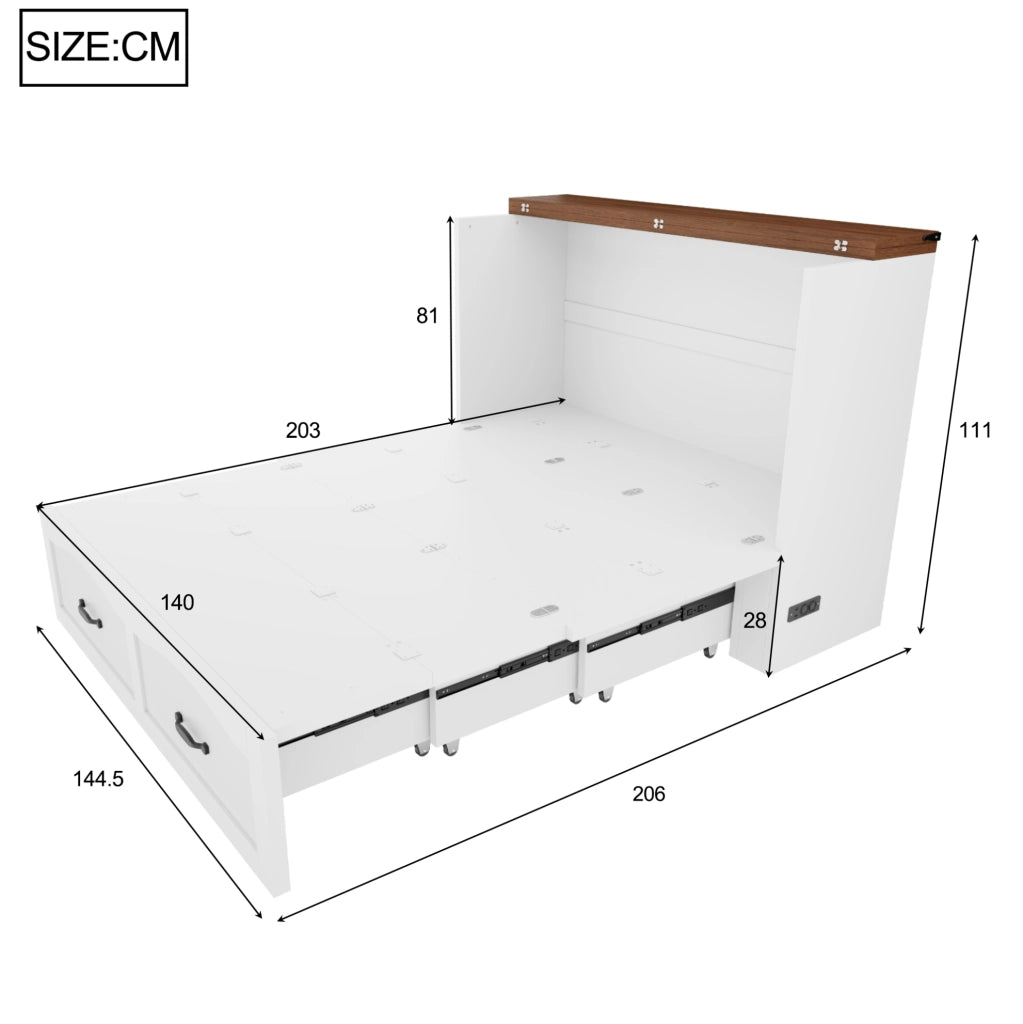 Letto pieghevole salvaspazio 140x200 cm con presa EU; struttura in metallo e legno; bianco
