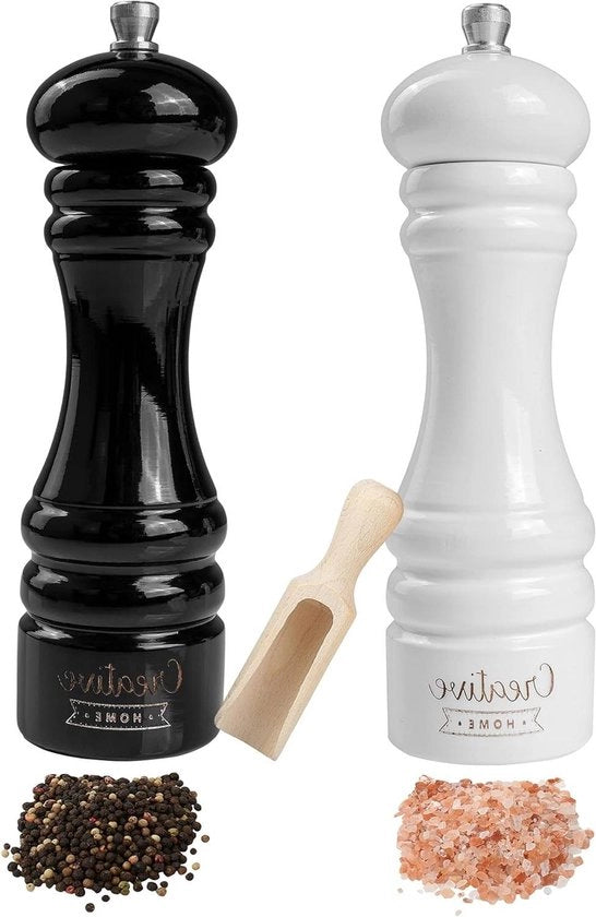 Set di macinatura sale e pepe - Grandi macchine da levigare in legno - Legno di faggio naturale - Meccanismo di compressione manuale - Mini cucchiaio in legno - 18 x 5 cm