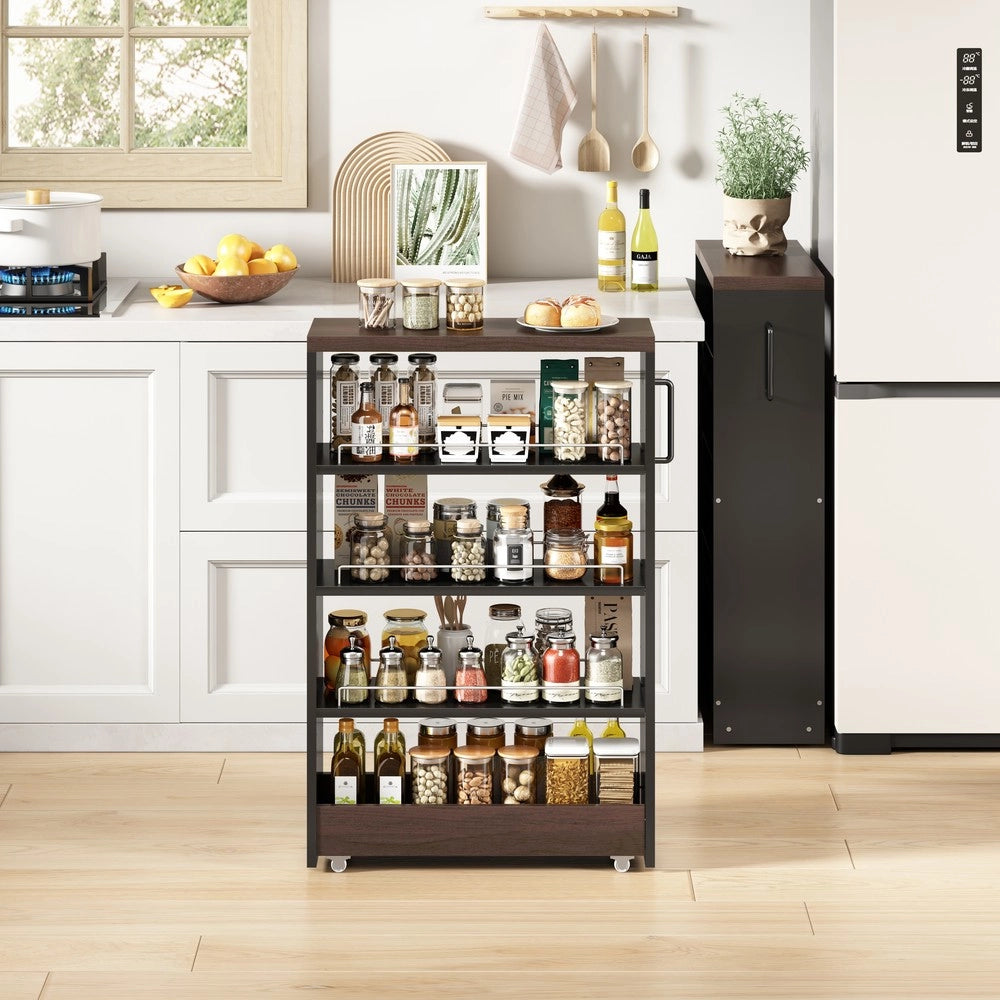 Carrello Portaoggetti Slim con Ruote ¨C Xylo ¨C Nero/Legno, 4 Ripiani, 55x20x85 cm
