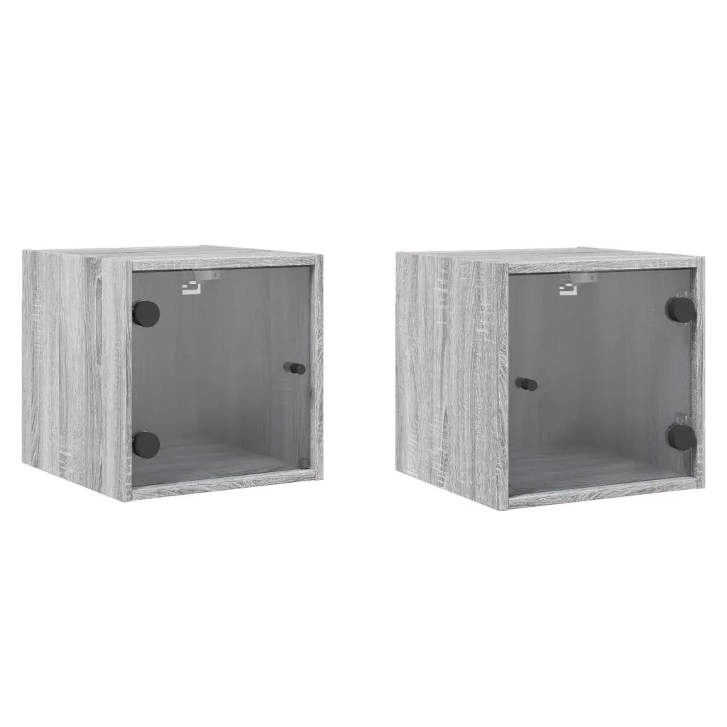 Comodini con Ante in Vetro 2pz-Set di 2 Tavolino da notte Grigio Sonoma 35x37x35 cm