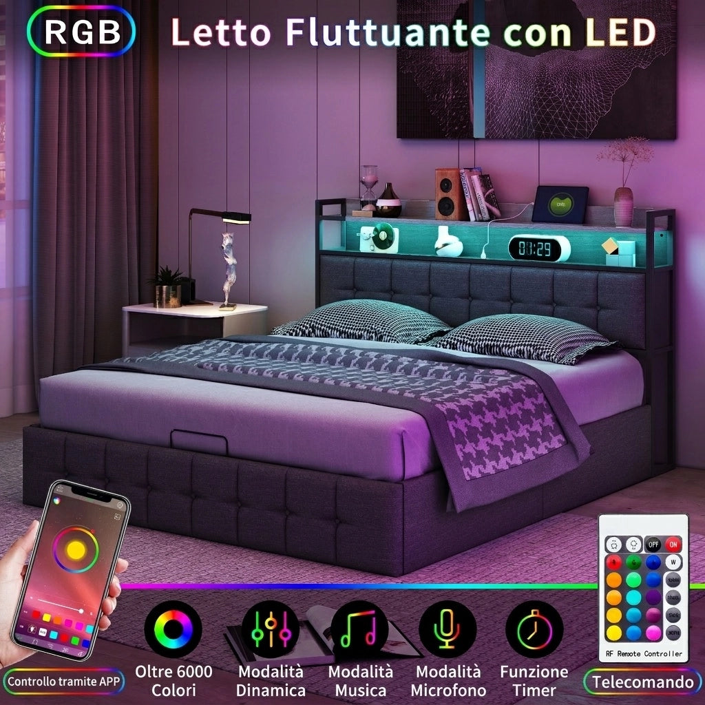 Letto matrimoniale 160x200 cm con contenitore LED USB testiera struttura letto MDF e PU - grigio
