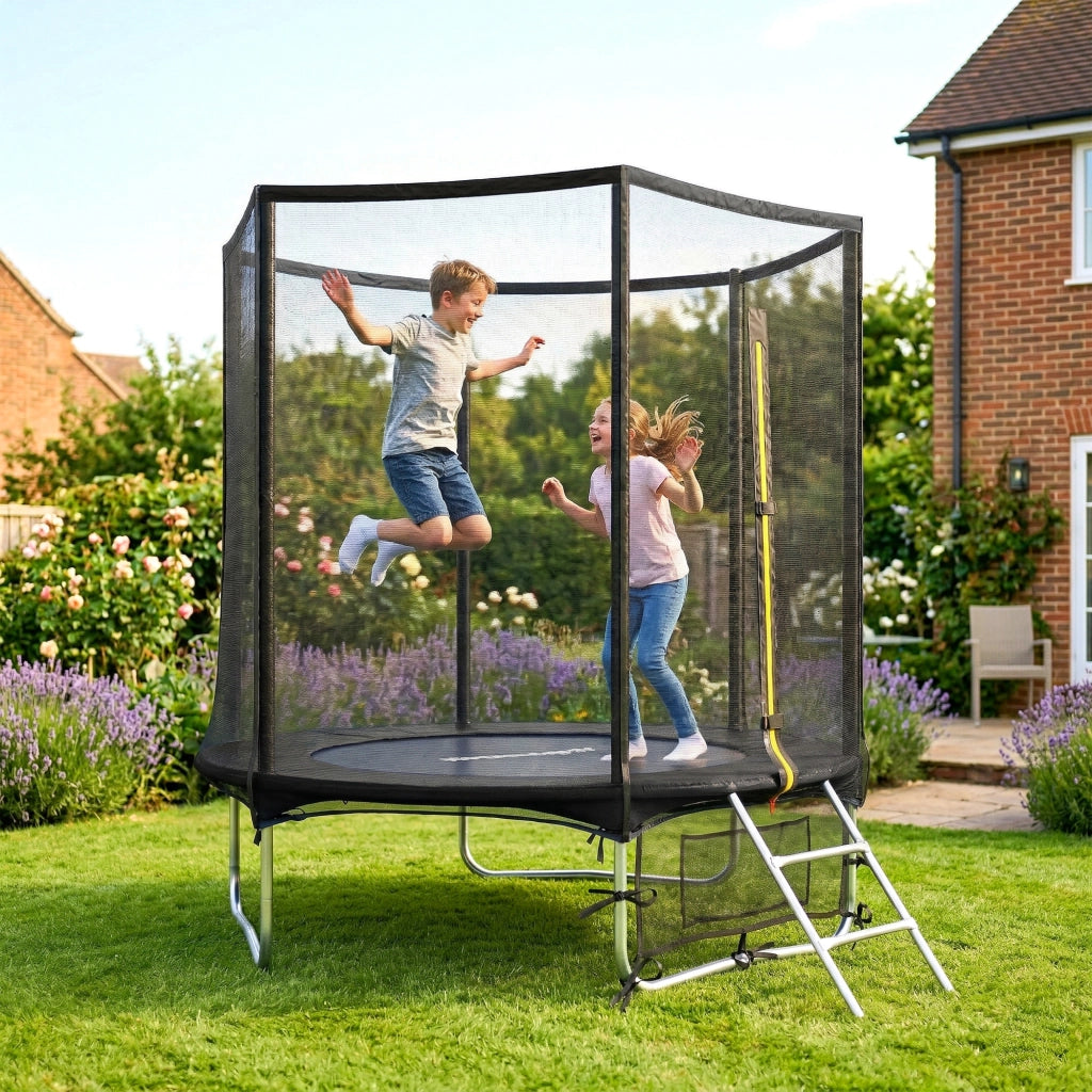 Trampolino da giardino ?183 cm ¨C Xylo ¨C con rete di sicurezza e scala, nero
