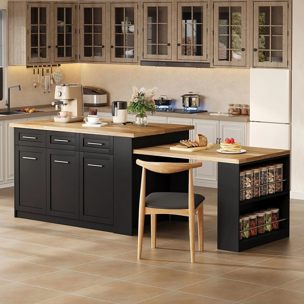 ?lot de cucina multifunzionale - Xylo - 150x96 cm - Nero - Tavola allungabile, piano laminato legno, armadi integrati