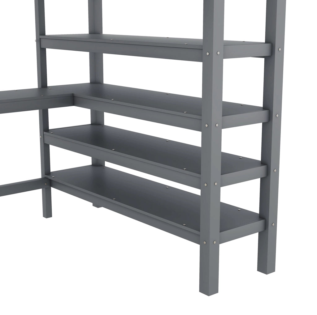 Letto a soppalco 140x200 cm con scrivania e scaffali, grigio