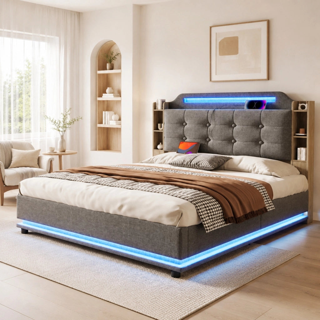 LETTO Imbottito 140x200 cm Grigio in Lino con LED e USB
