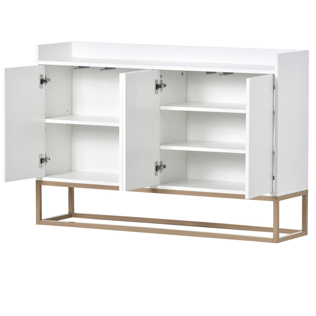 Credenza buffet 120cm bianca, mobile soggiorno pannello di particelle con base metallo oro, 4 ante push‑to‑open, ripiani regolabili per sala da pranzo ingresso