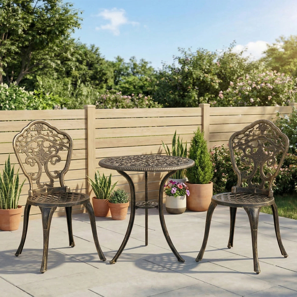 Set bistrot giardino alluminio 3 pezzi ¨C Xylo ¨C 2 sedie + tavolo rotondo effetto ferro battuto