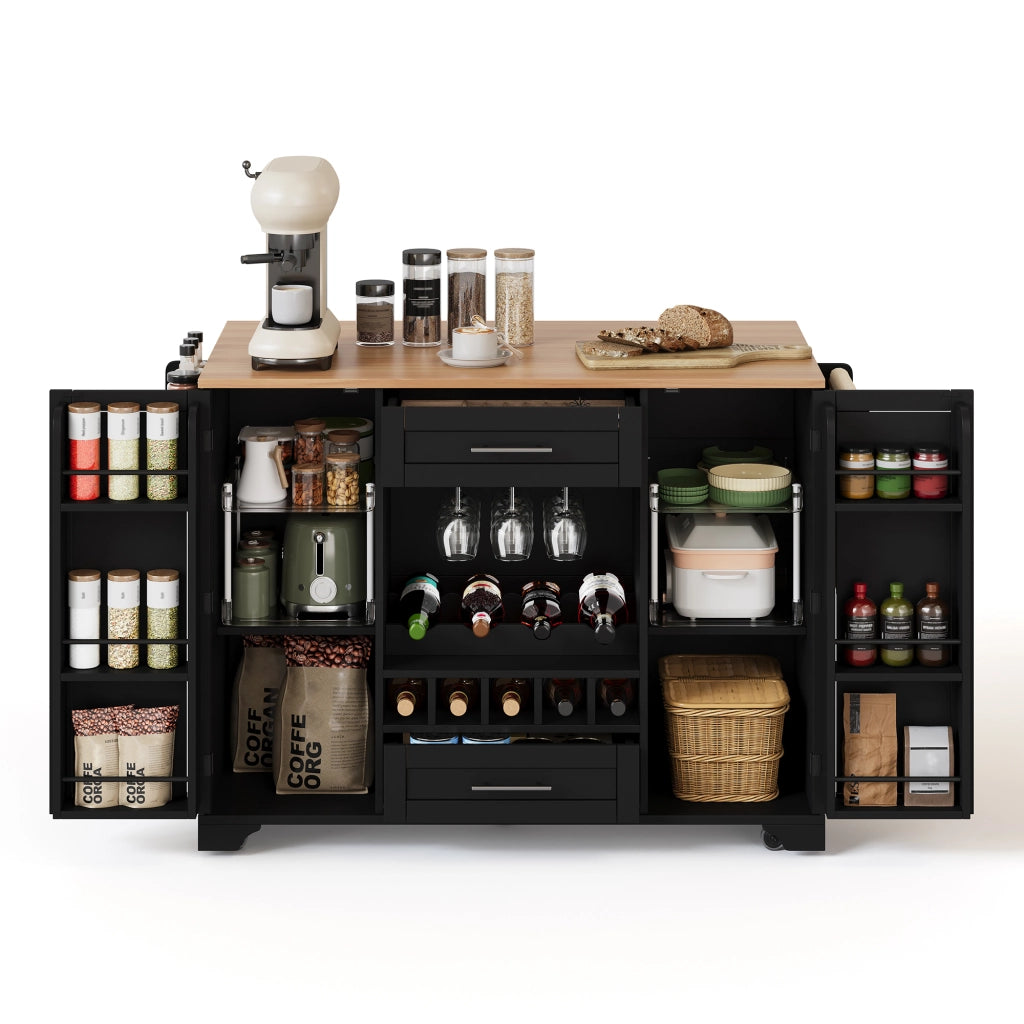 Carrello da Cucina Multifunzione con Piano Pieghevole, Portabottiglie, Portabicchieri ¨C Xylo ¨C Nero, 120x45x92 cm