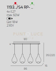 SOSP. CROMO 4 LUCI RETTANGOLARE VETRI PICCOLI TRASPARENTE 1193CR-S4 RP-TR